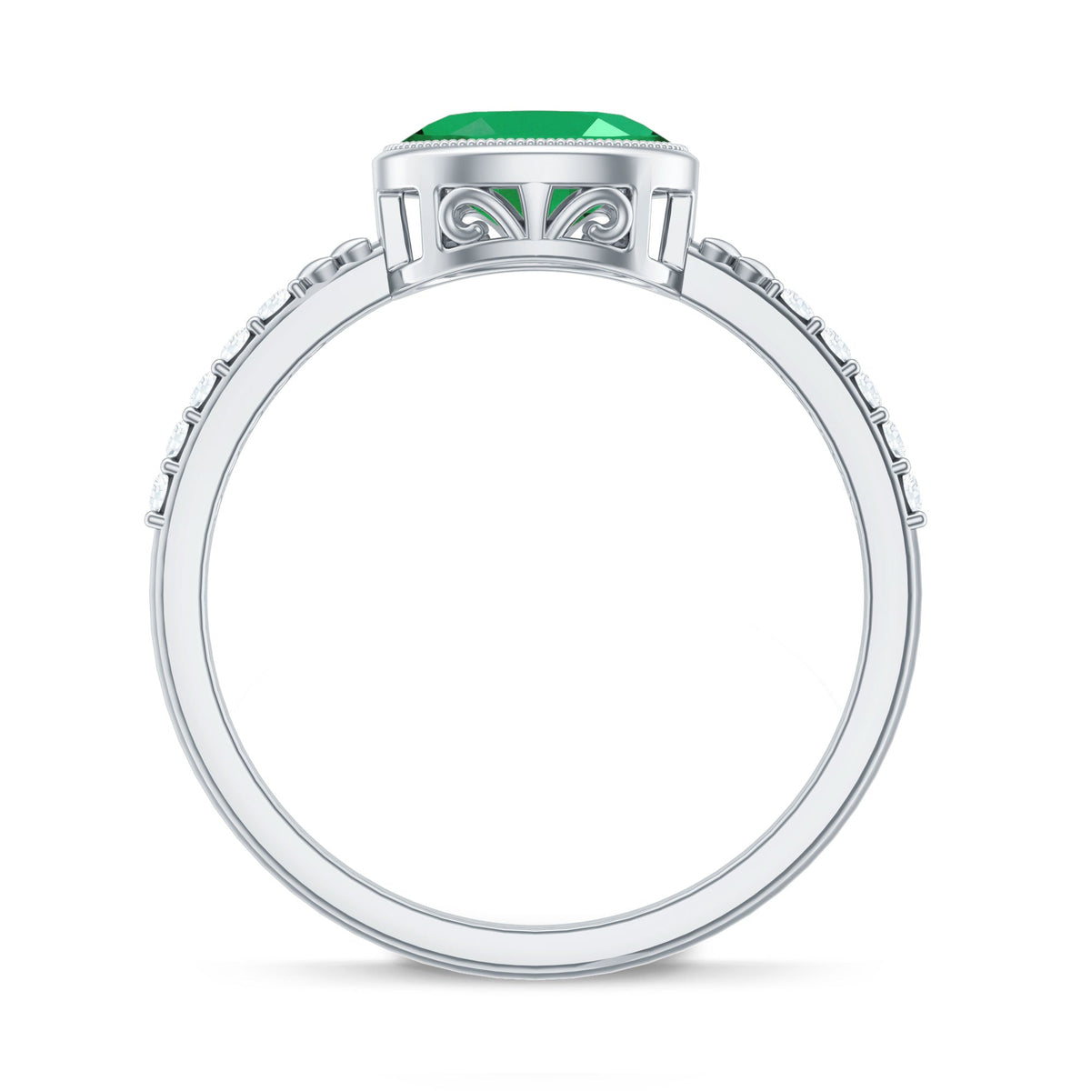 Emerald Engagement Ring - Oval Emerald Bezel Setting With Sparkling Diamond Band