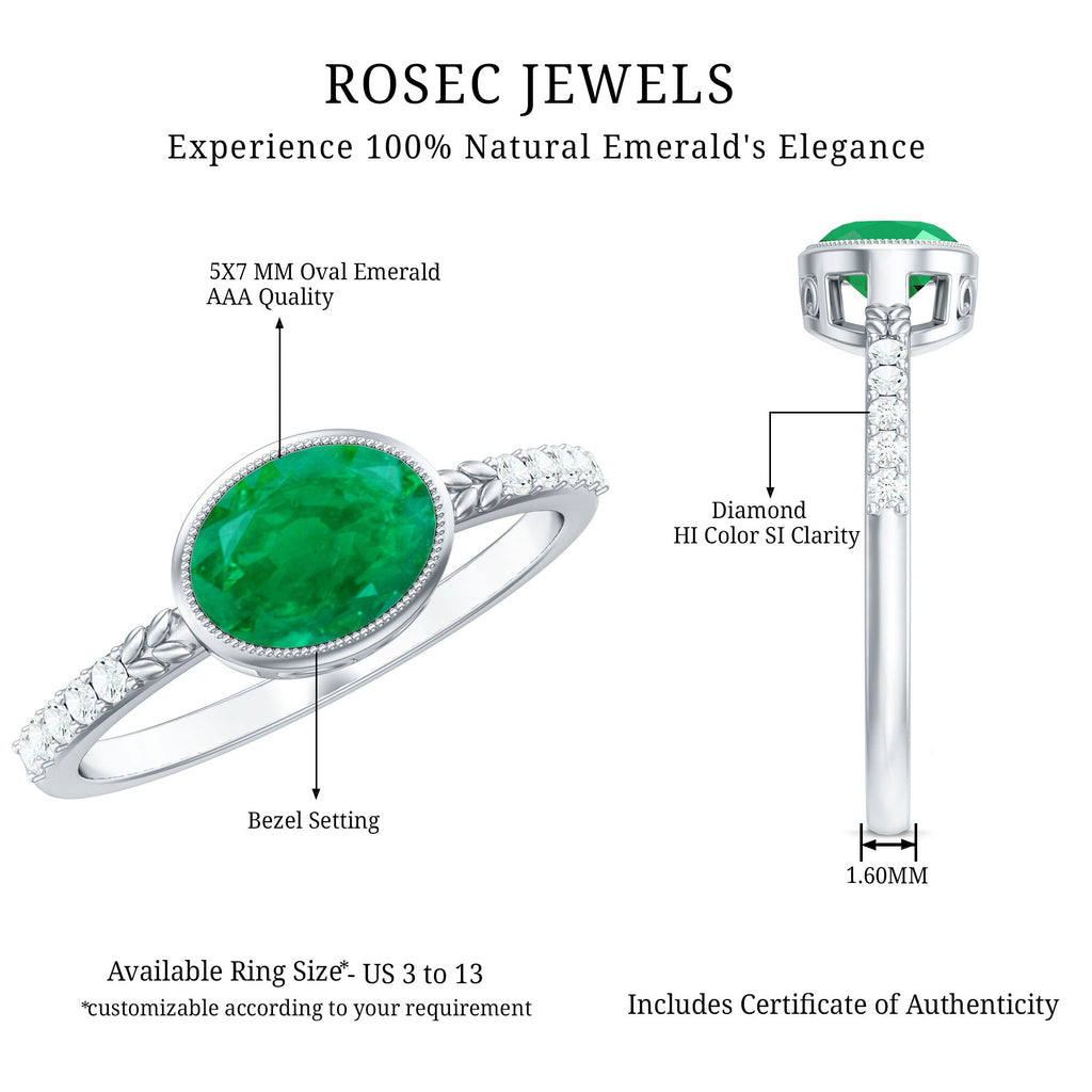 Emerald Engagement Ring - Oval Emerald Bezel Setting With Sparkling Diamond Band