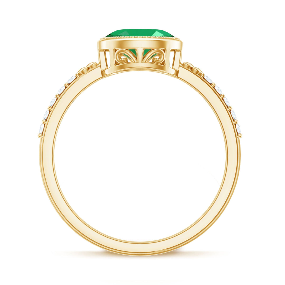 Emerald Engagement Ring - Oval Emerald Bezel Setting With Sparkling Diamond Band