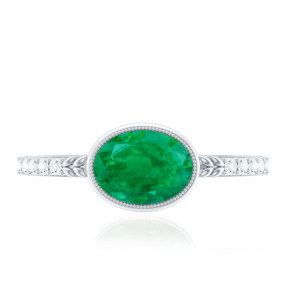 Emerald Engagement Ring - Oval Emerald Bezel Setting With Sparkling Diamond Band