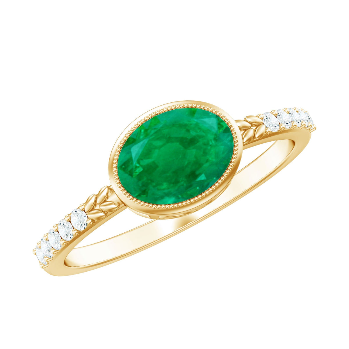 Emerald Engagement Ring - Oval Emerald Bezel Setting With Sparkling Diamond Band