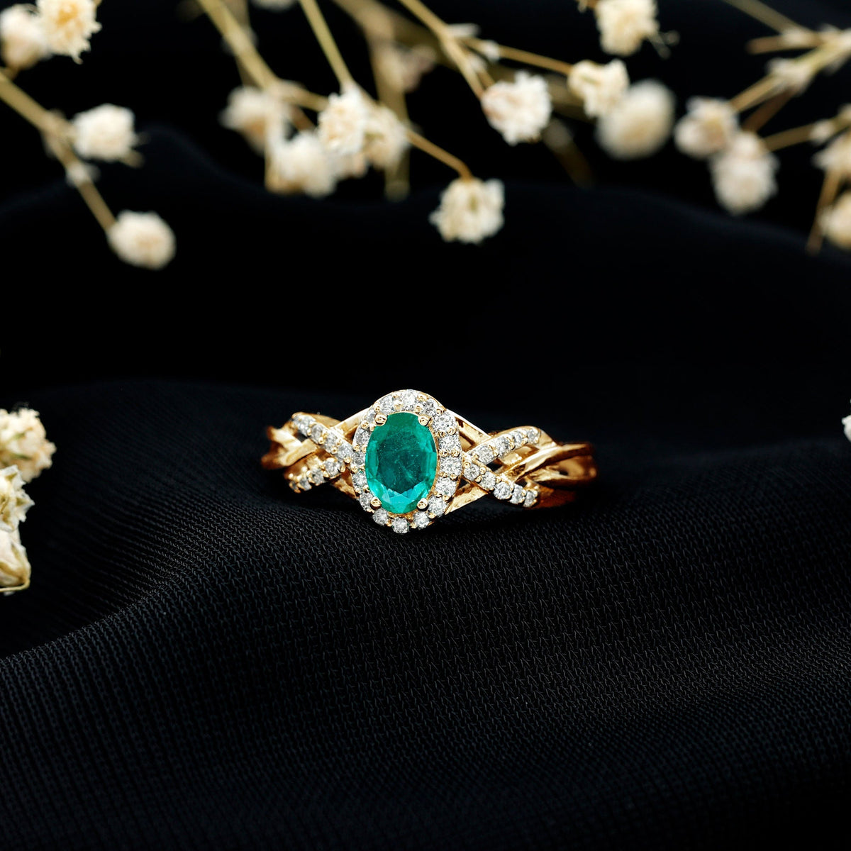 Emerald Engagement Ring – Oval Emerald Ring with Diamond Halo & Criss Cross Band