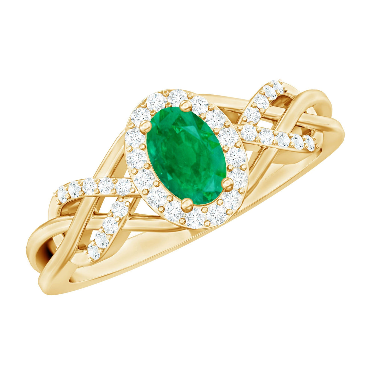 Emerald Engagement Ring – Oval Emerald Ring with Diamond Halo & Criss Cross Band