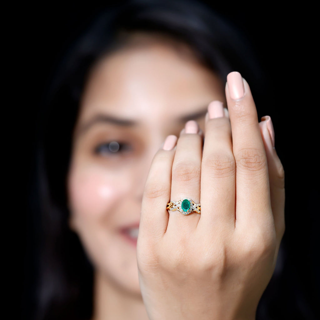 Emerald Engagement Ring – Oval Emerald Ring with Diamond Halo & Criss Cross Band
