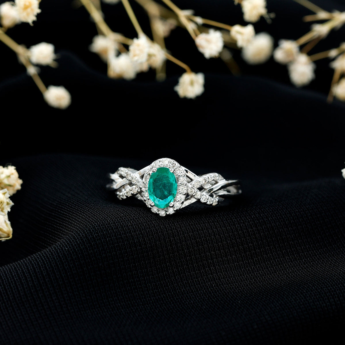 Emerald Engagement Ring – Oval Emerald Ring with Diamond Halo & Criss Cross Band