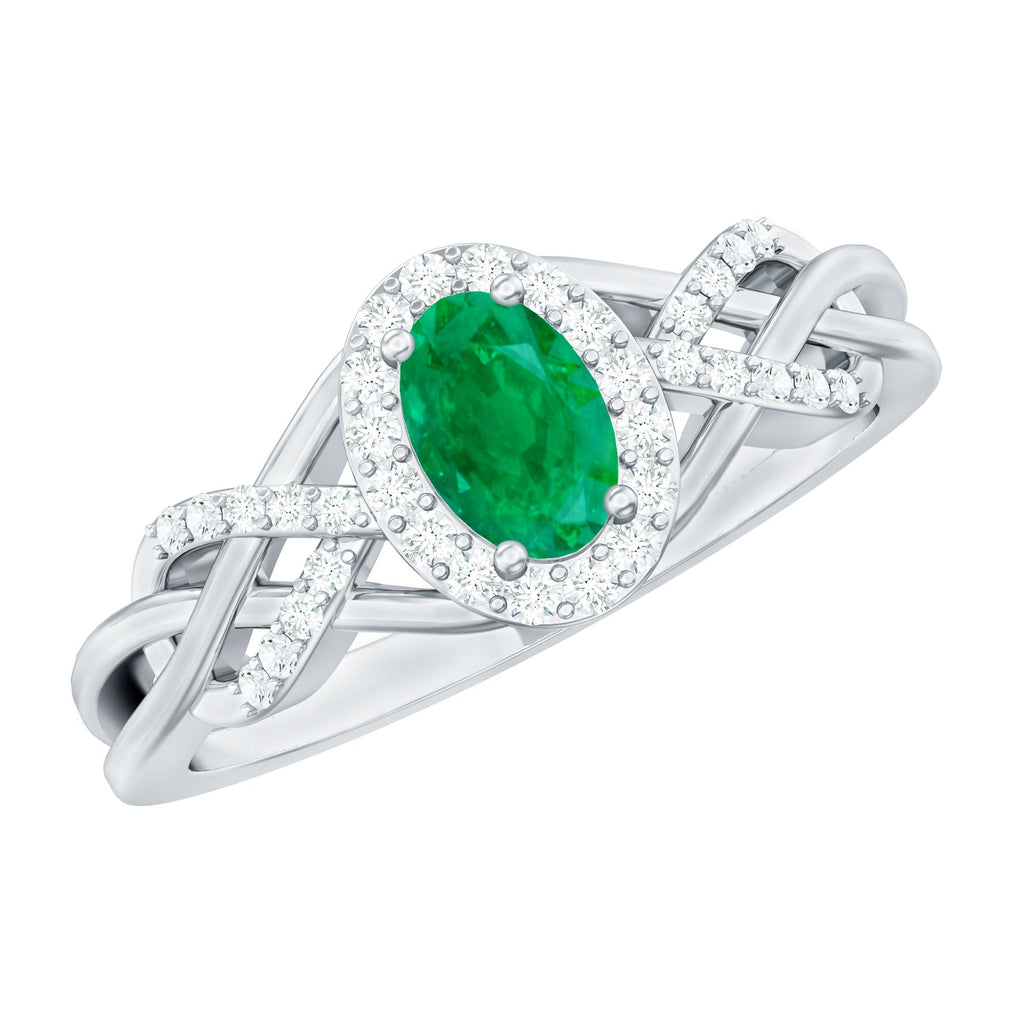 Emerald Engagement Ring – Oval Emerald Ring with Diamond Halo & Criss Cross Band