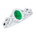 Emerald Engagement Ring – Oval Emerald Ring with Diamond Halo & Criss Cross Band