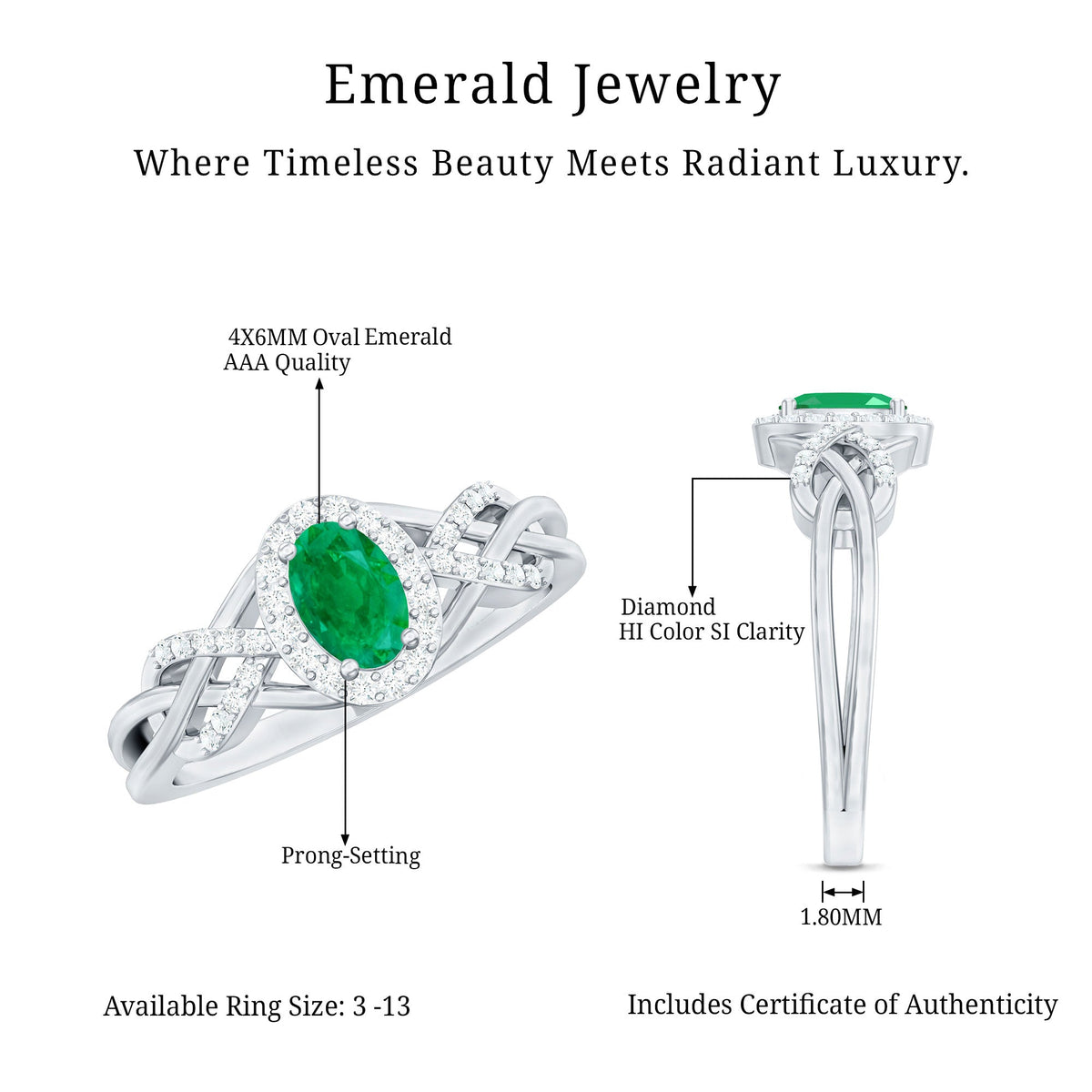 Emerald Engagement Ring – Oval Emerald Ring with Diamond Halo & Criss Cross Band