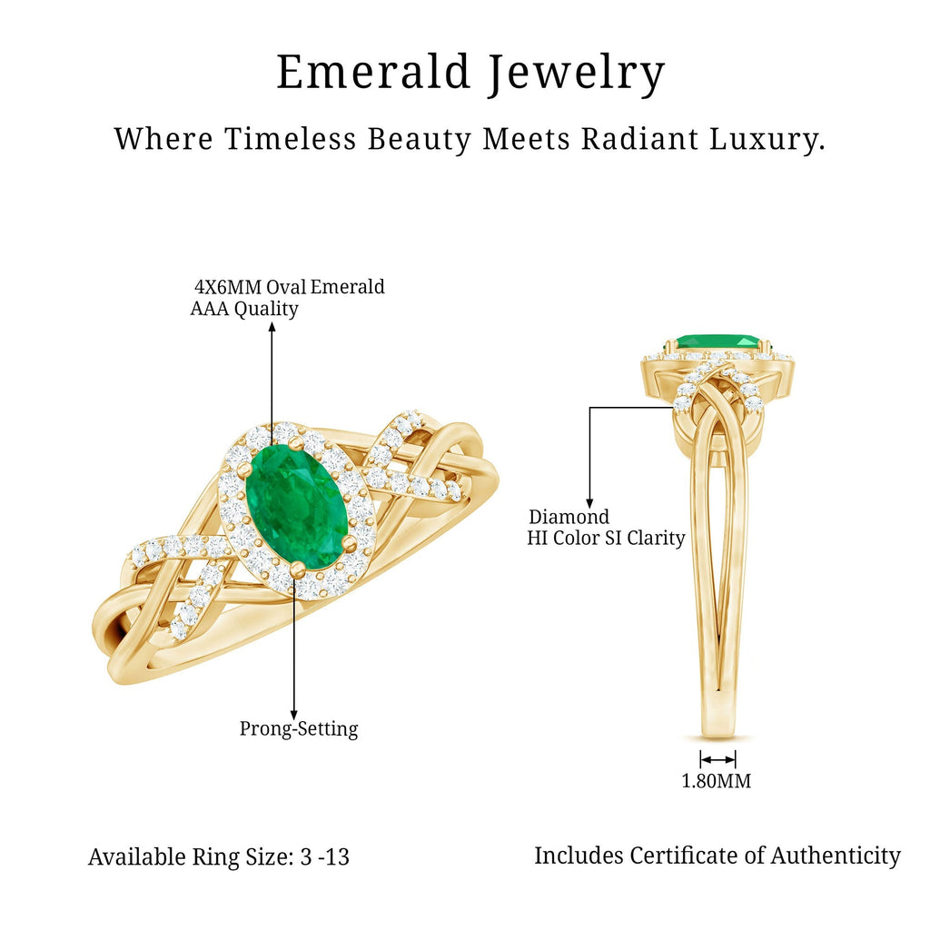 Emerald Engagement Ring – Oval Emerald Ring with Diamond Halo & Criss Cross Band