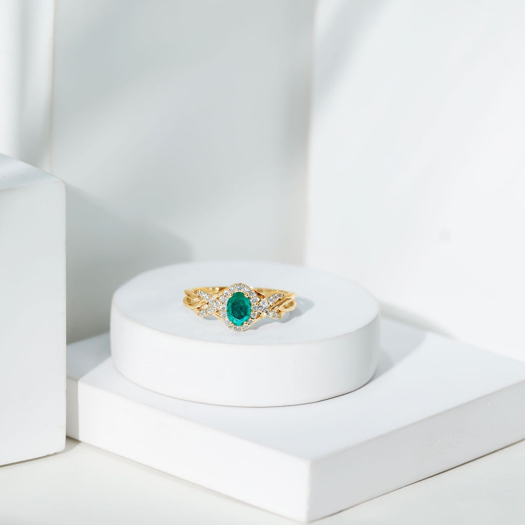 Emerald Engagement Ring – Oval Emerald Ring with Diamond Halo & Criss Cross Band