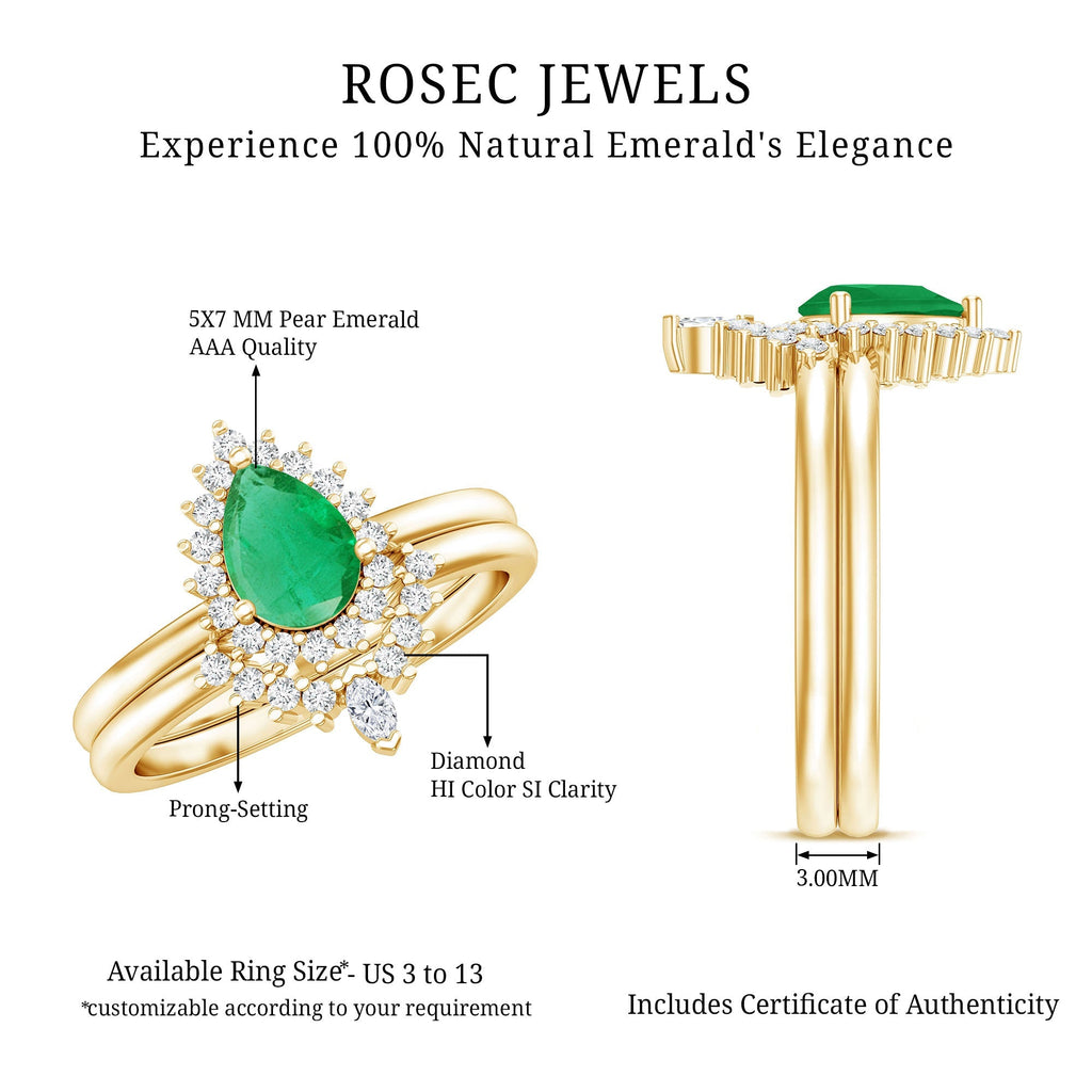 Emerald Engagement Ring Pear Shape – Vibrant Green Emerald & Diamond Wedding Band Set
