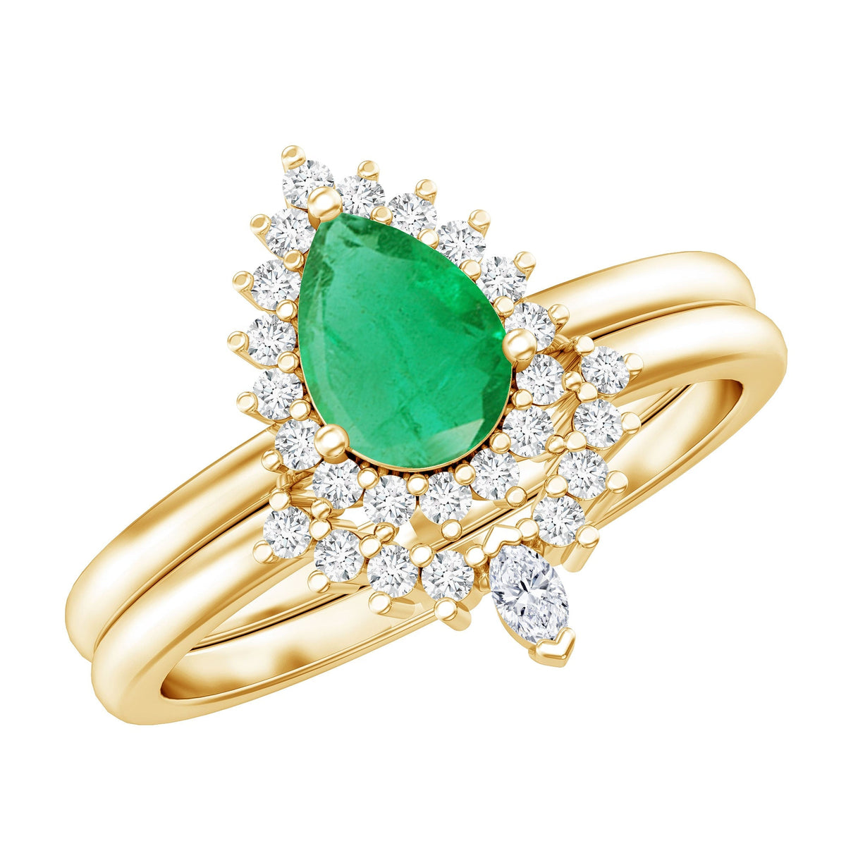 Emerald Engagement Ring Pear Shape – Vibrant Green Emerald & Diamond Wedding Band Set