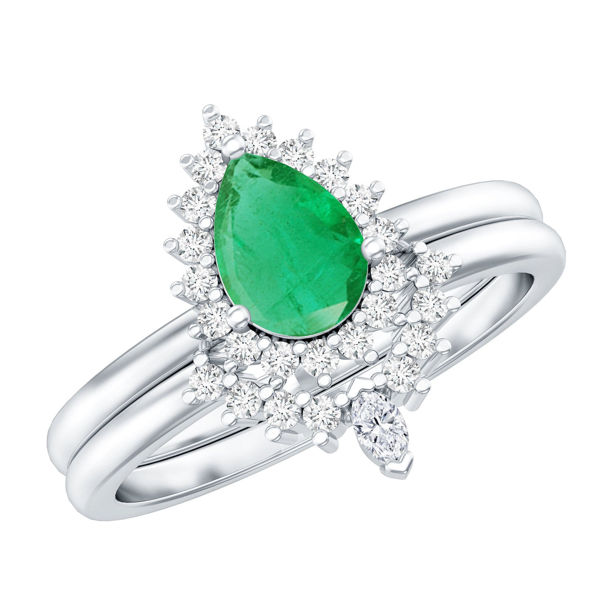 Emerald Engagement Ring Pear Shape – Vibrant Green Emerald & Diamond Wedding Band Set