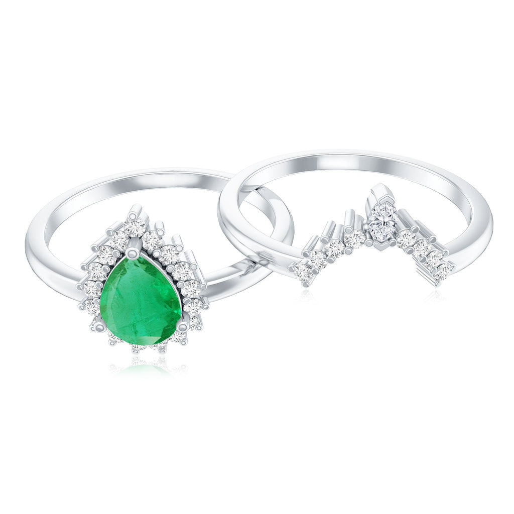 Emerald Engagement Ring Pear Shape – Vibrant Green Emerald & Diamond Wedding Band Set