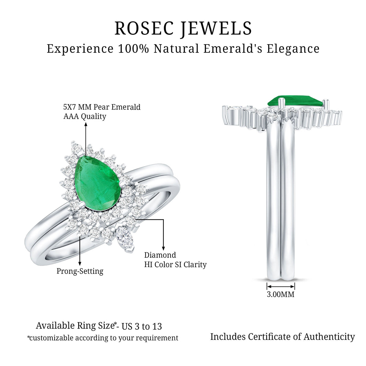 Emerald Engagement Ring Pear Shape – Vibrant Green Emerald & Diamond Wedding Band Set