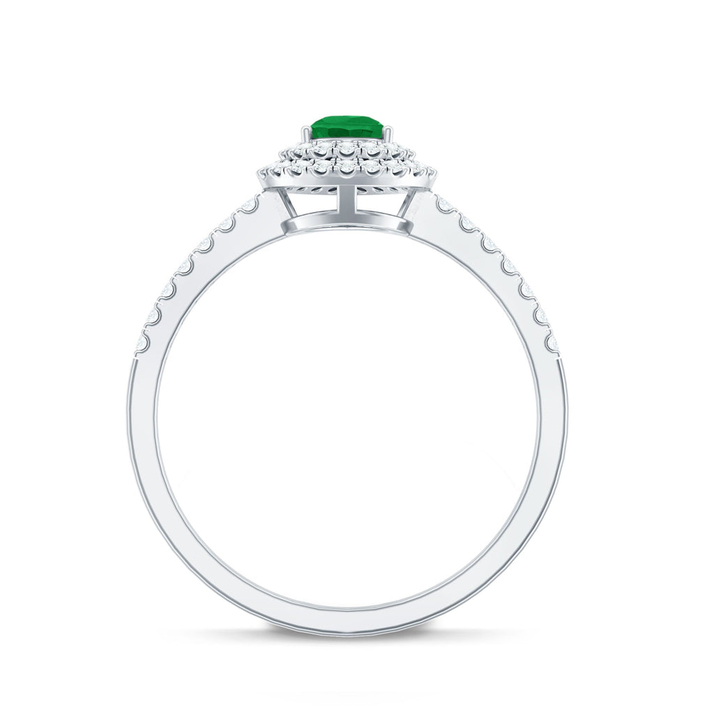 Emerald Engagement Ring - Pear Shaped Natural Emerald Teardrop with Diamond Double Halo