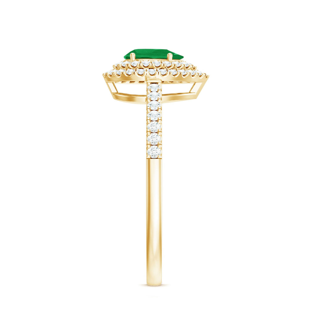 Emerald Engagement Ring - Pear Shaped Natural Emerald Teardrop with Diamond Double Halo