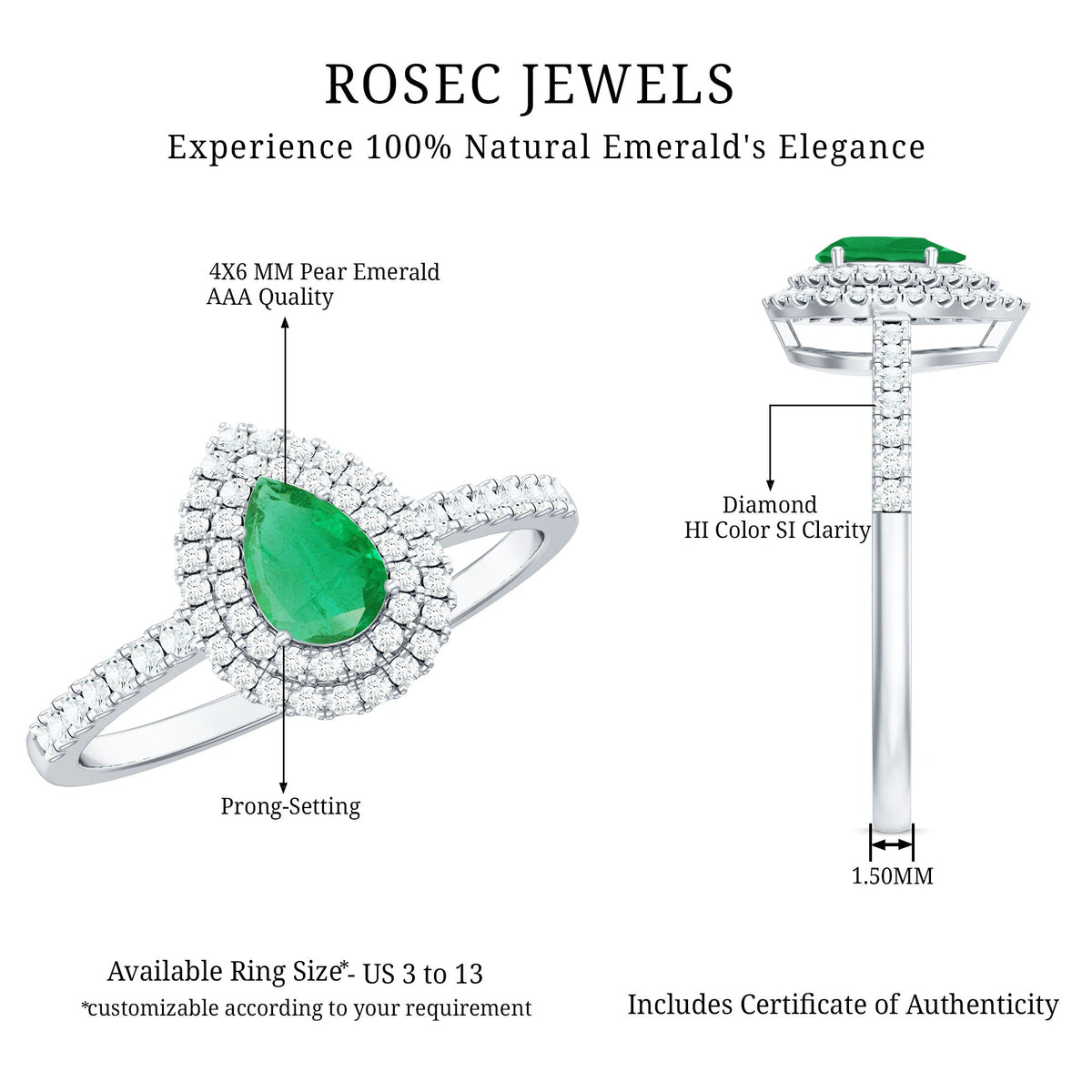 Emerald Engagement Ring - Pear Shaped Natural Emerald Teardrop with Diamond Double Halo