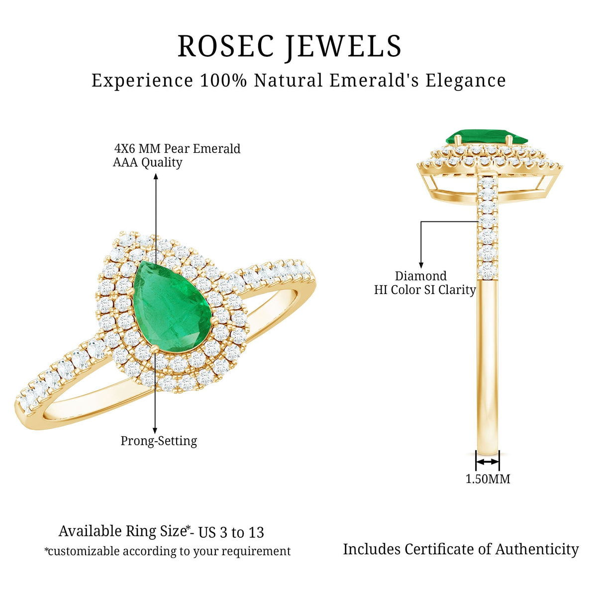 Emerald Engagement Ring - Pear Shaped Natural Emerald Teardrop with Diamond Double Halo