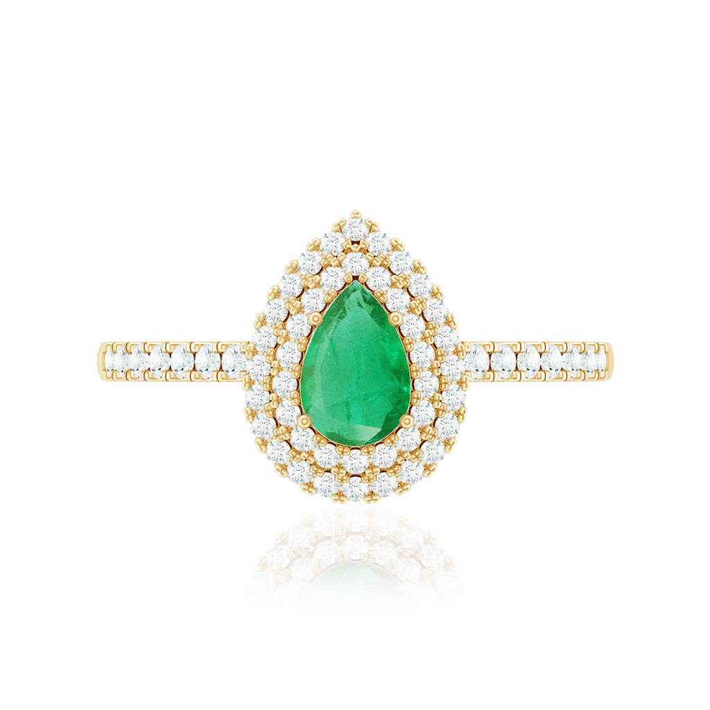 Emerald Engagement Ring - Pear Shaped Natural Emerald Teardrop with Diamond Double Halo