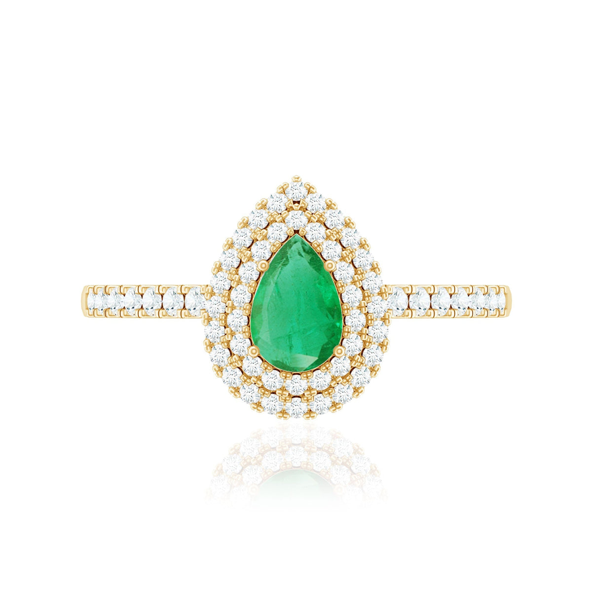 Emerald Engagement Ring - Pear Shaped Natural Emerald Teardrop with Diamond Double Halo