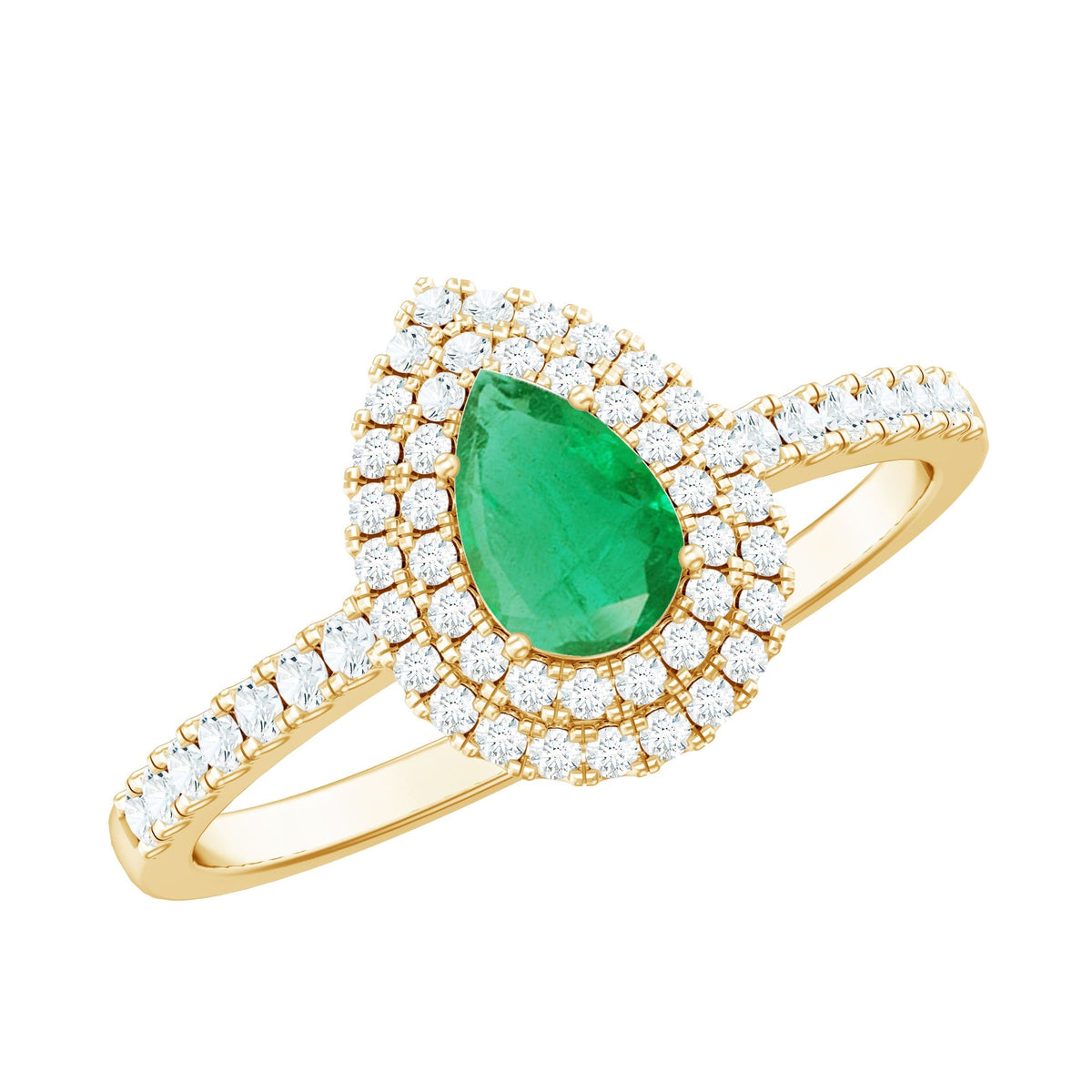 Emerald Engagement Ring - Pear Shaped Natural Emerald Teardrop with Diamond Double Halo