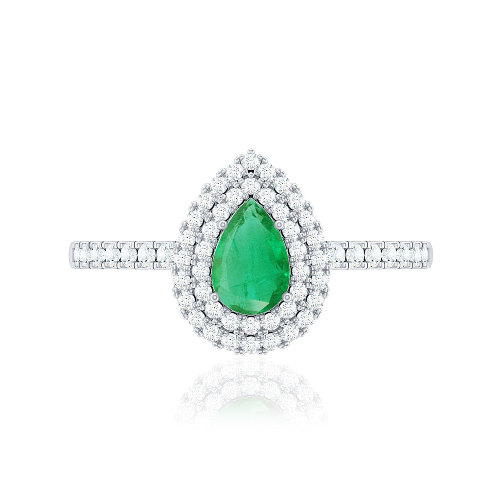 Emerald Engagement Ring - Pear Shaped Natural Emerald Teardrop with Diamond Double Halo