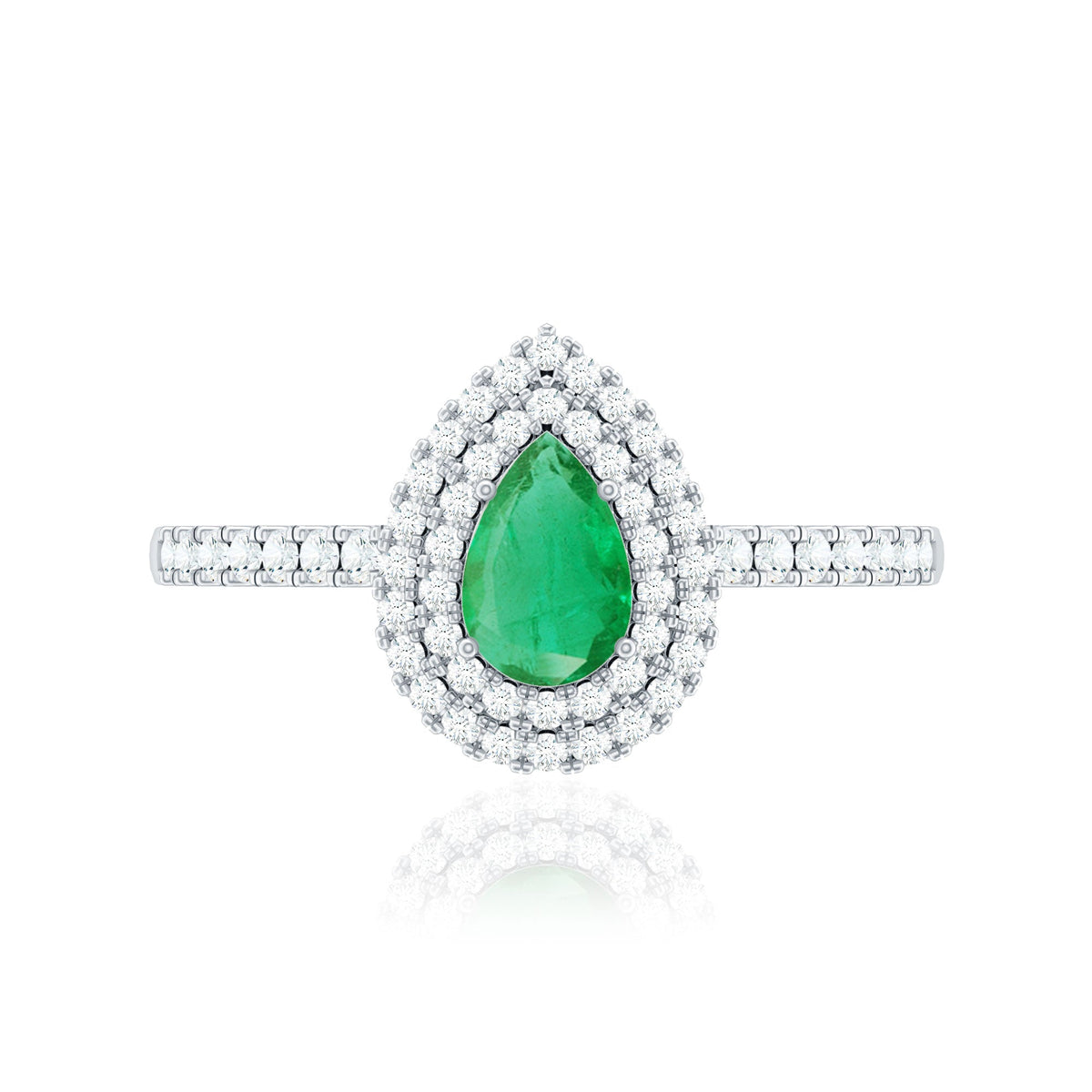 Emerald Engagement Ring - Pear Shaped Natural Emerald Teardrop with Diamond Double Halo