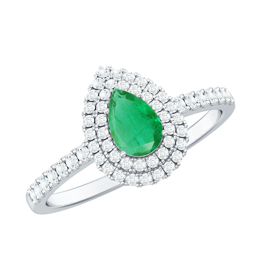 Emerald Engagement Ring - Pear Shaped Natural Emerald Teardrop with Diamond Double Halo