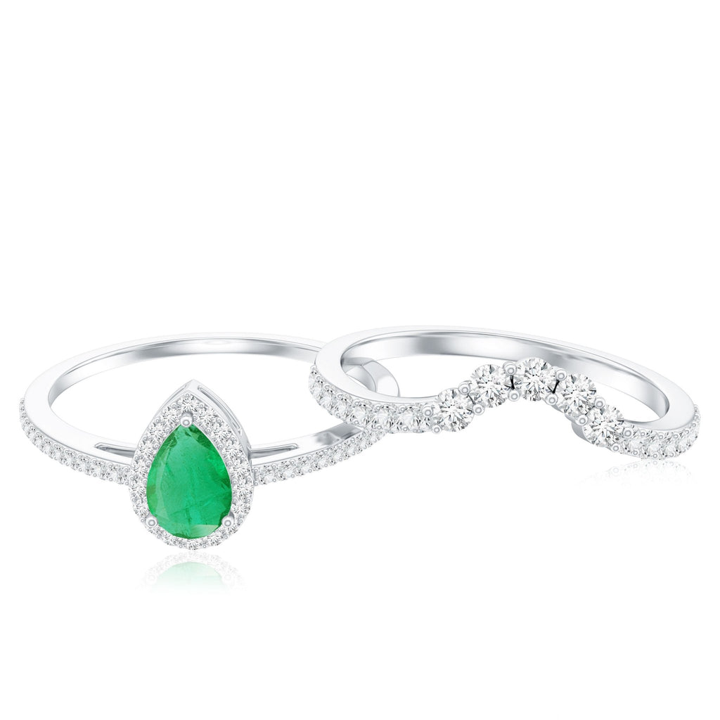 Emerald Engagement Ring Pear Shaped Ring Set – Diamond Wedding Band Duo