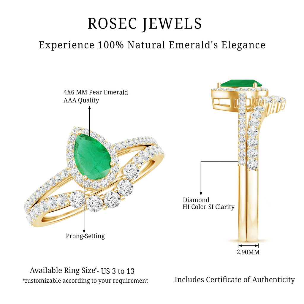 Emerald Engagement Ring Pear Shaped Ring Set – Diamond Wedding Band Duo