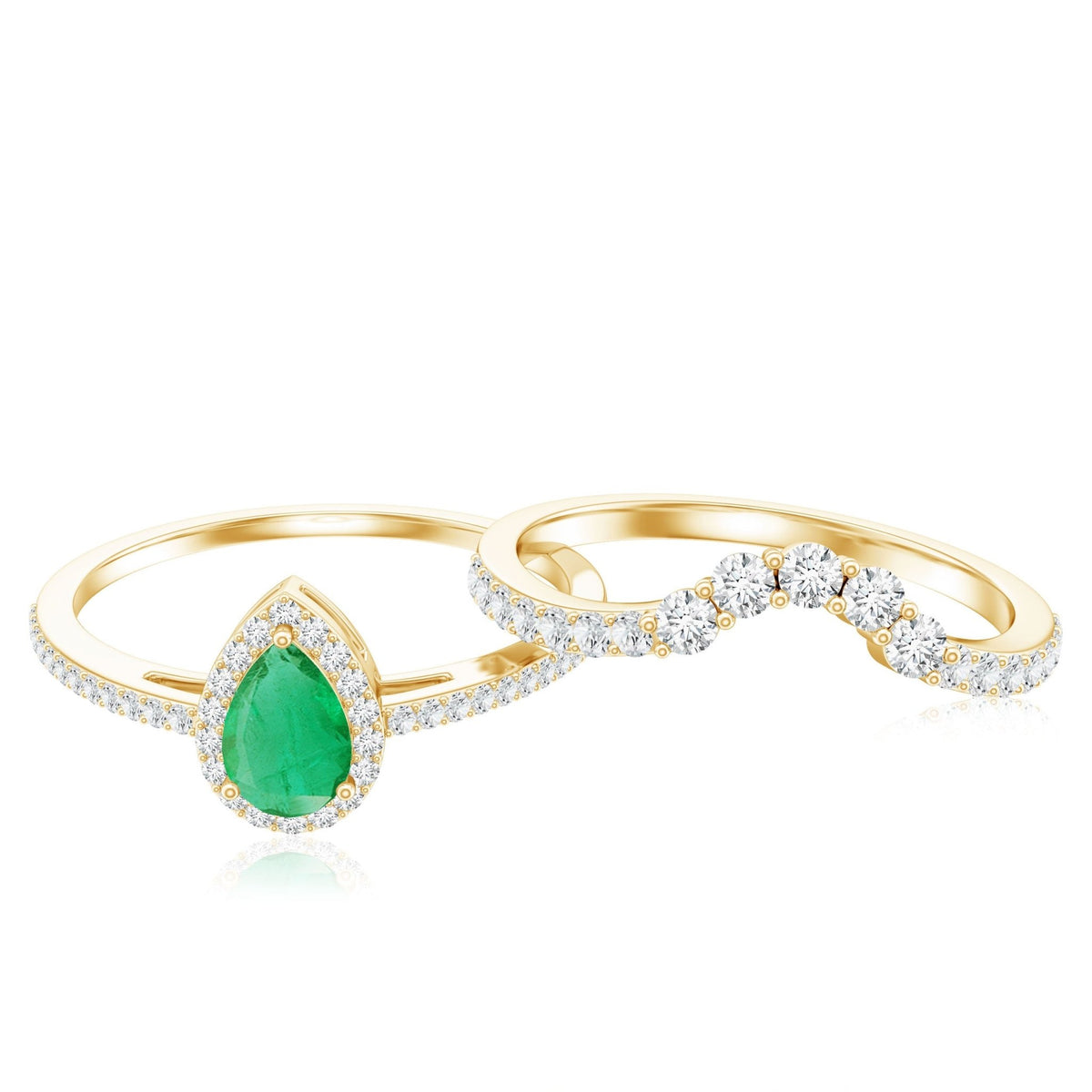 Emerald Engagement Ring Pear Shaped Ring Set – Diamond Wedding Band Duo