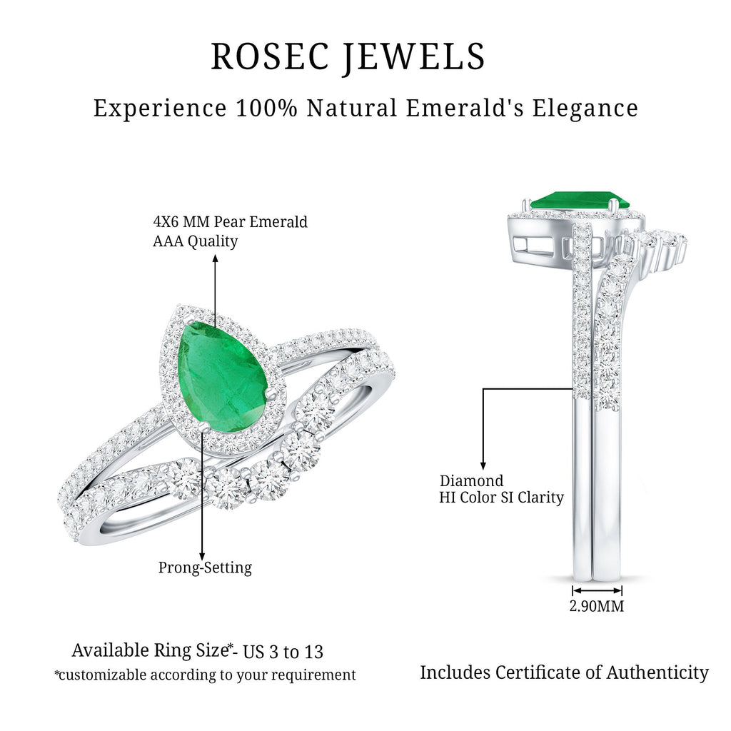 Emerald Engagement Ring Pear Shaped Ring Set – Diamond Wedding Band Duo