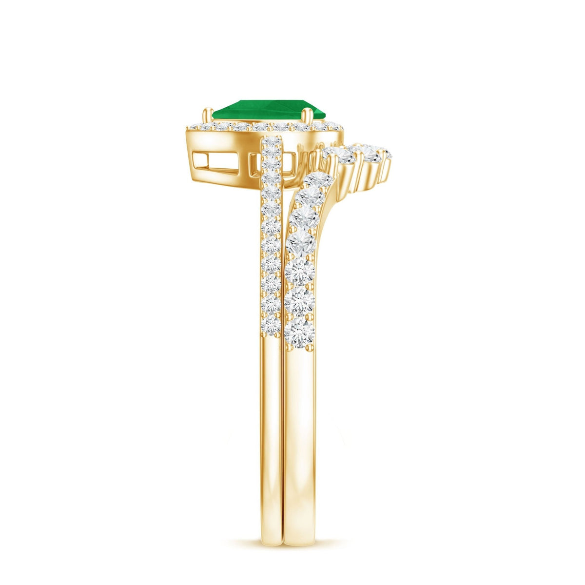 Emerald Engagement Ring Pear Shaped Ring Set – Diamond Wedding Band Duo
