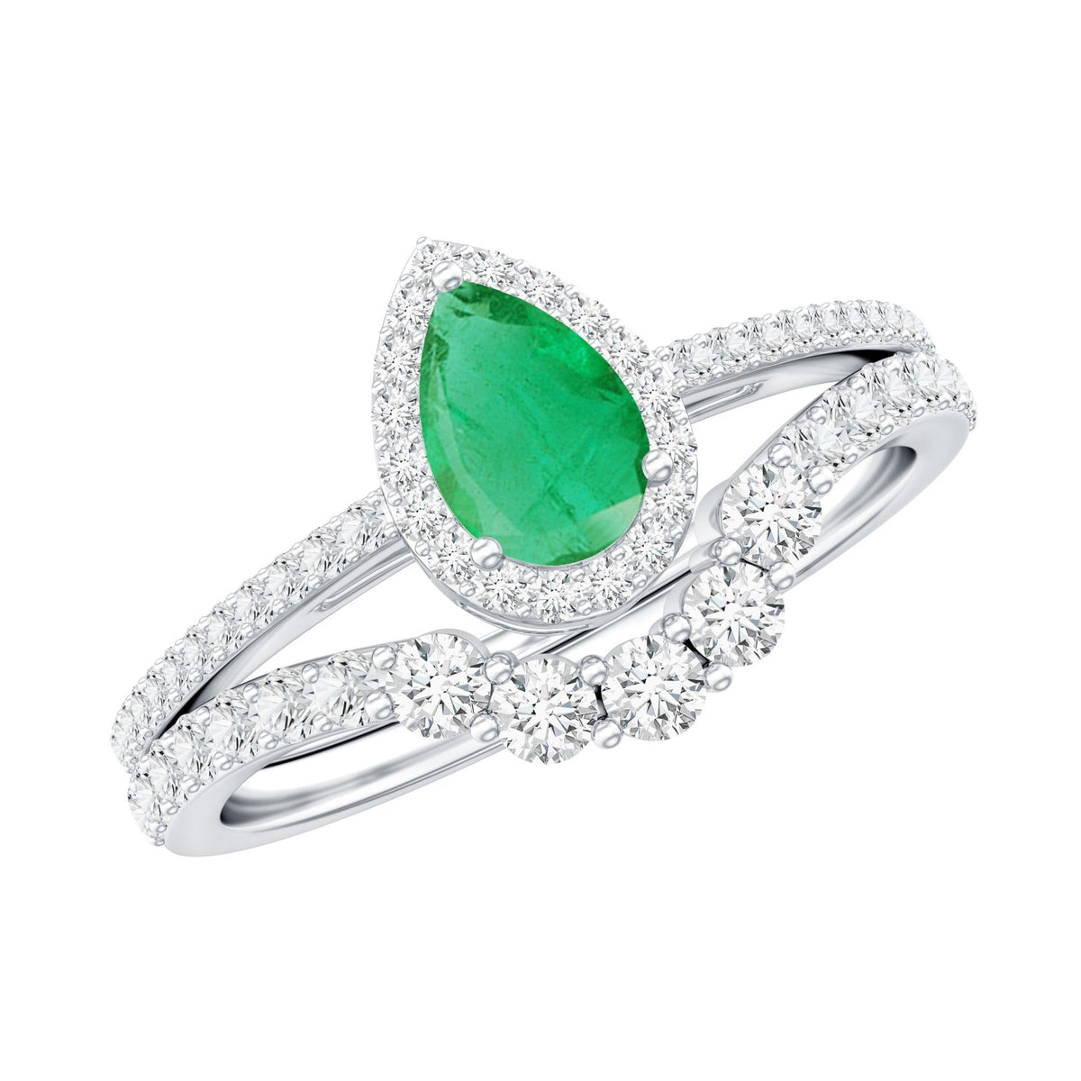 Emerald Engagement Ring Pear Shaped Ring Set – Diamond Wedding Band Duo