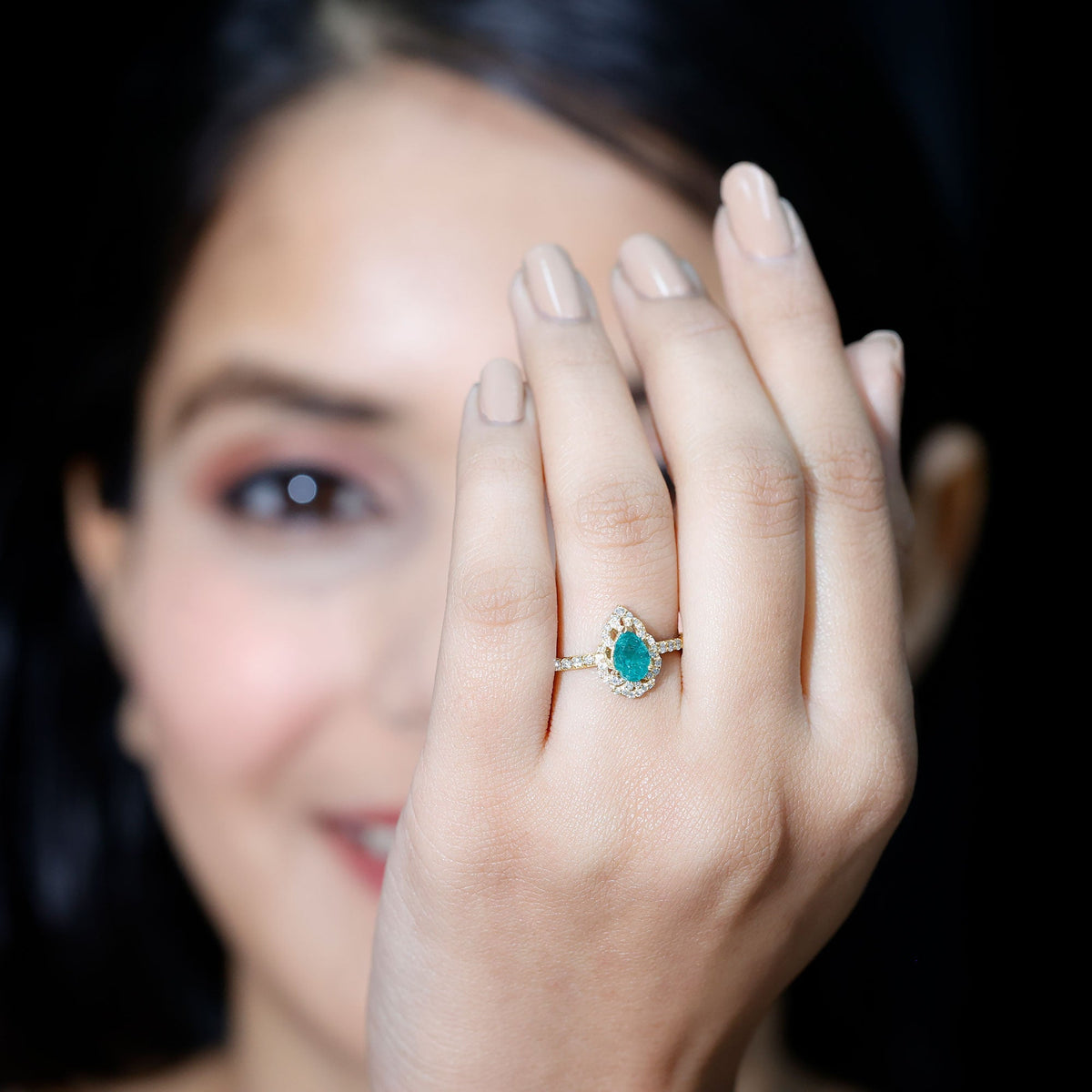 Emerald Engagement Ring – Pear Shaped Ring with Diamond Halo and Leaf Pattern