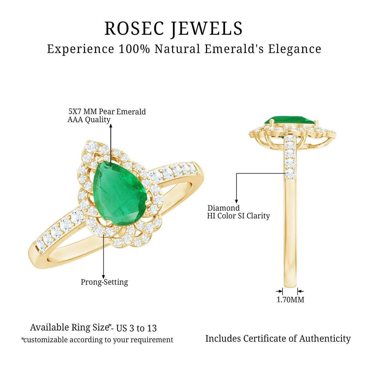 Emerald Engagement Ring – Pear Shaped Ring with Diamond Halo and Leaf Pattern