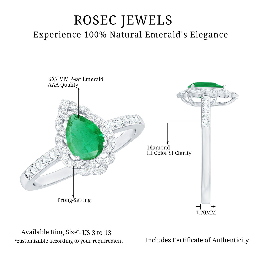 Emerald Engagement Ring – Pear Shaped Ring with Diamond Halo and Leaf Pattern
