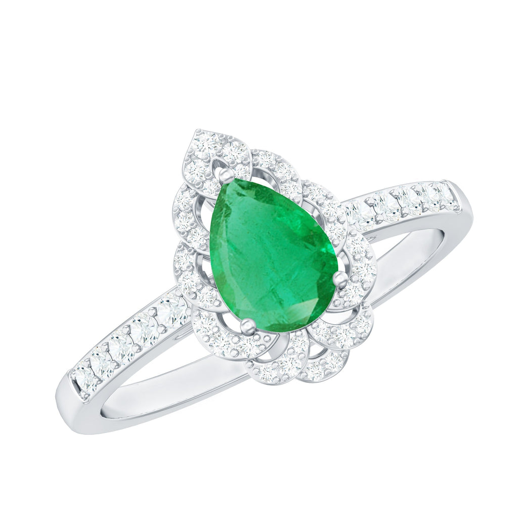 Emerald Engagement Ring – Pear Shaped Ring with Diamond Halo and Leaf Pattern