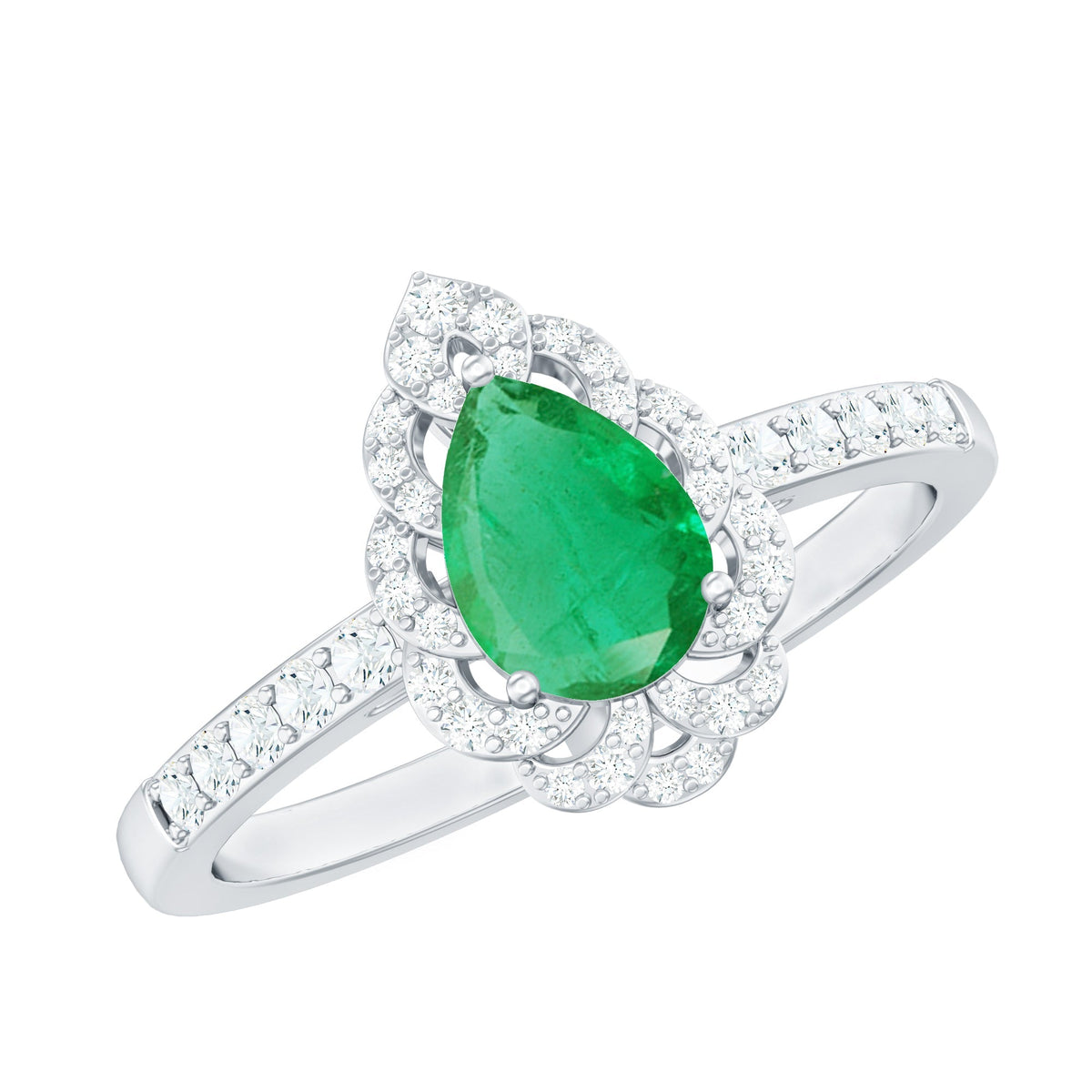 Emerald Engagement Ring – Pear Shaped Ring with Diamond Halo and Leaf Pattern