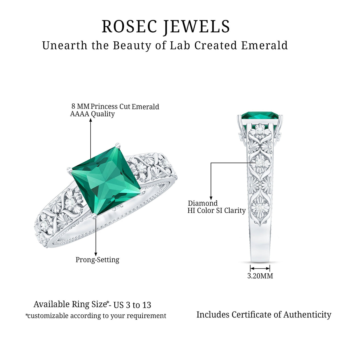Emerald Engagement Ring - Princess Cut Solitaire with Diamond Floral Design