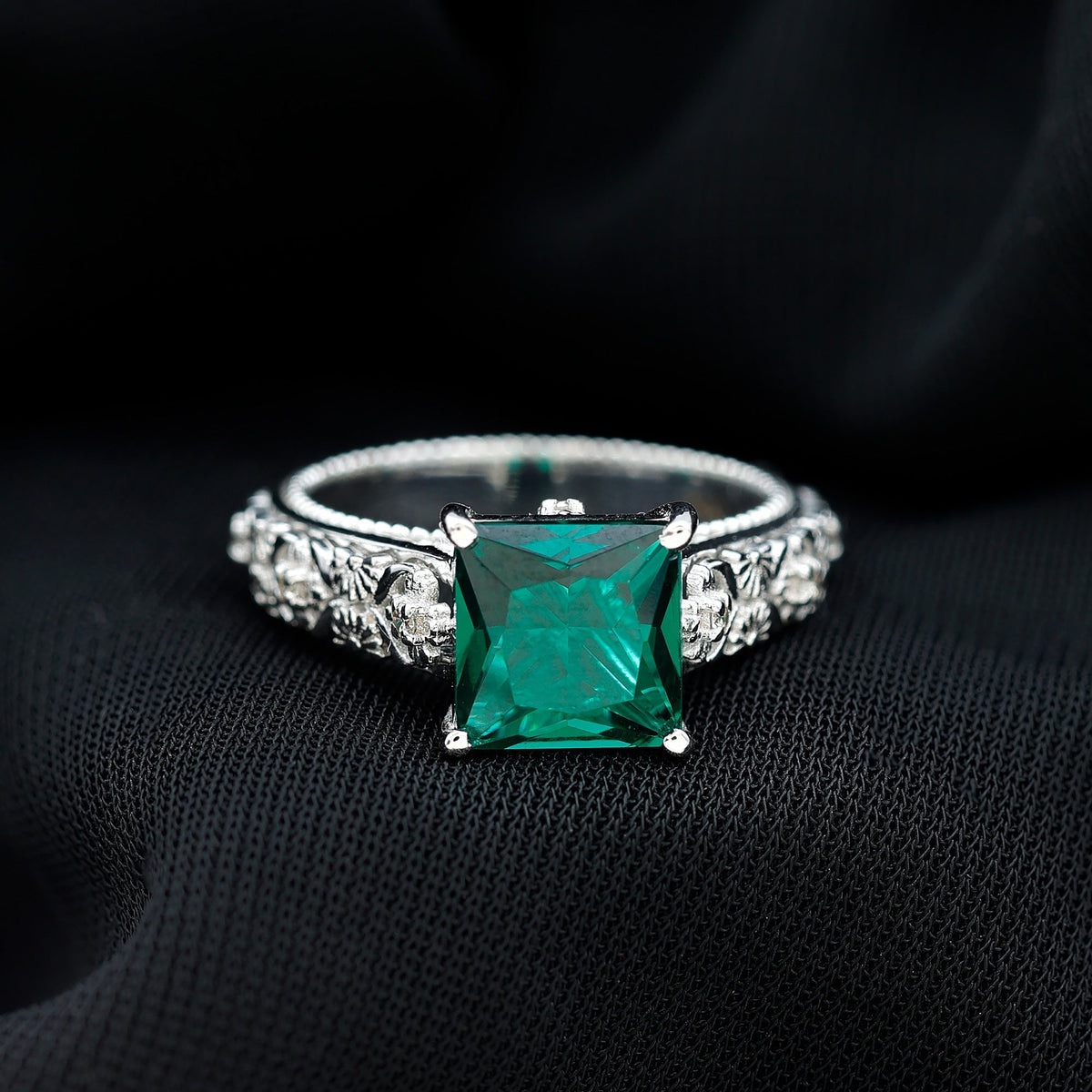 Emerald Engagement Ring - Princess Cut Solitaire with Diamond Floral Design