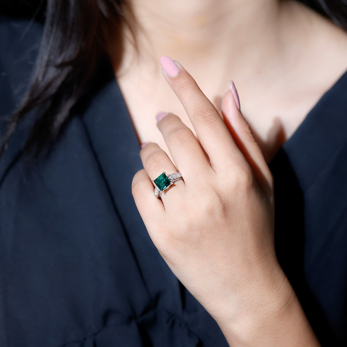 Emerald Engagement Ring - Princess Cut Solitaire with Diamond Floral Design