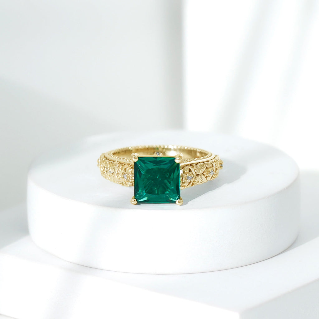 Emerald Engagement Ring - Princess Cut Solitaire with Diamond Floral Design