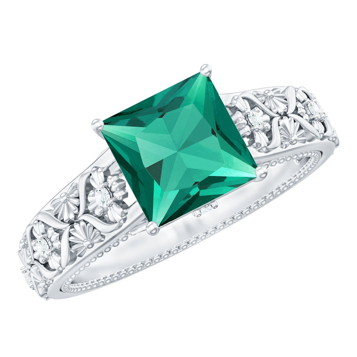 Emerald Engagement Ring - Princess Cut Solitaire with Diamond Floral Design