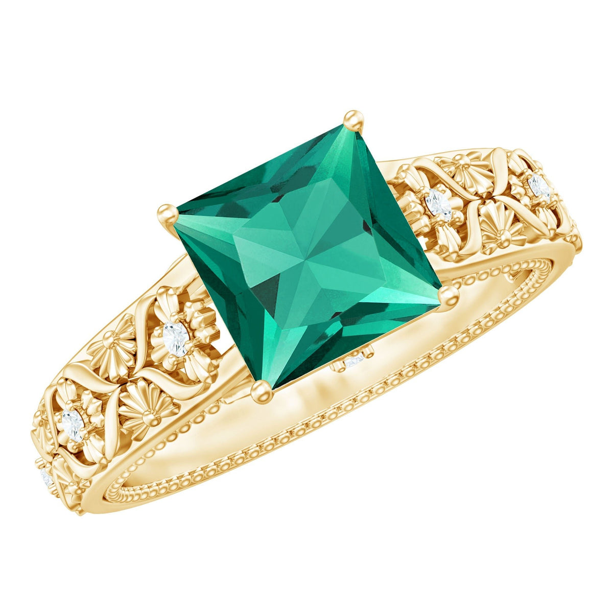 Emerald Engagement Ring - Princess Cut Solitaire with Diamond Floral Design