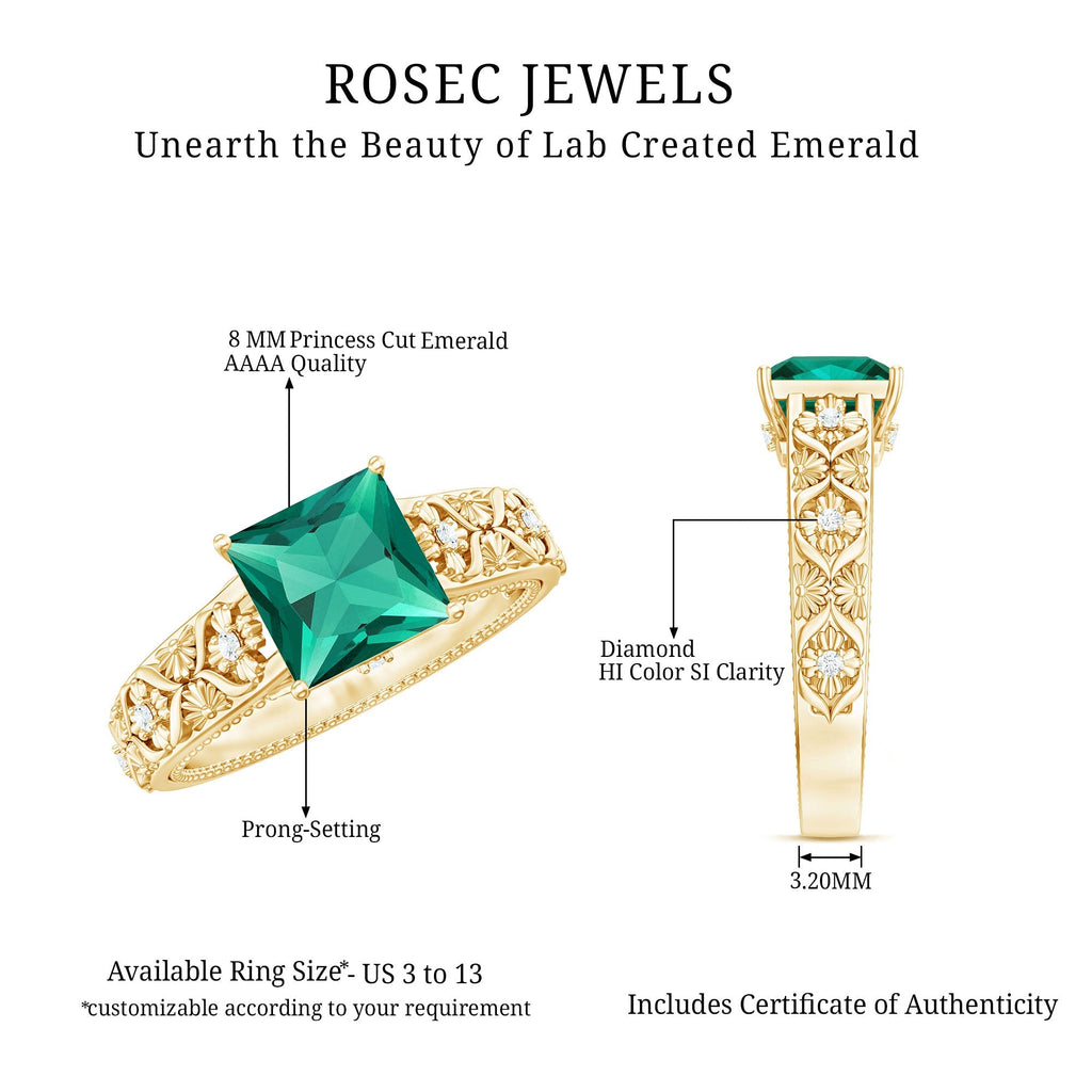 Emerald Engagement Ring - Princess Cut Solitaire with Diamond Floral Design