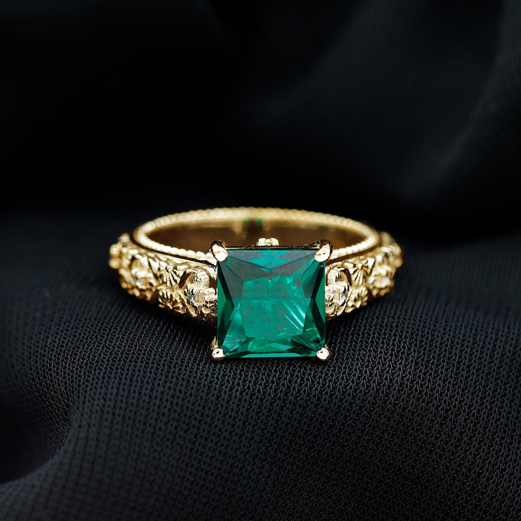Emerald Engagement Ring - Princess Cut Solitaire with Diamond Floral Design