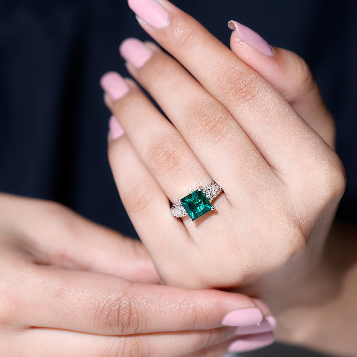 Emerald Engagement Ring - Princess Cut Solitaire with Diamond Floral Design