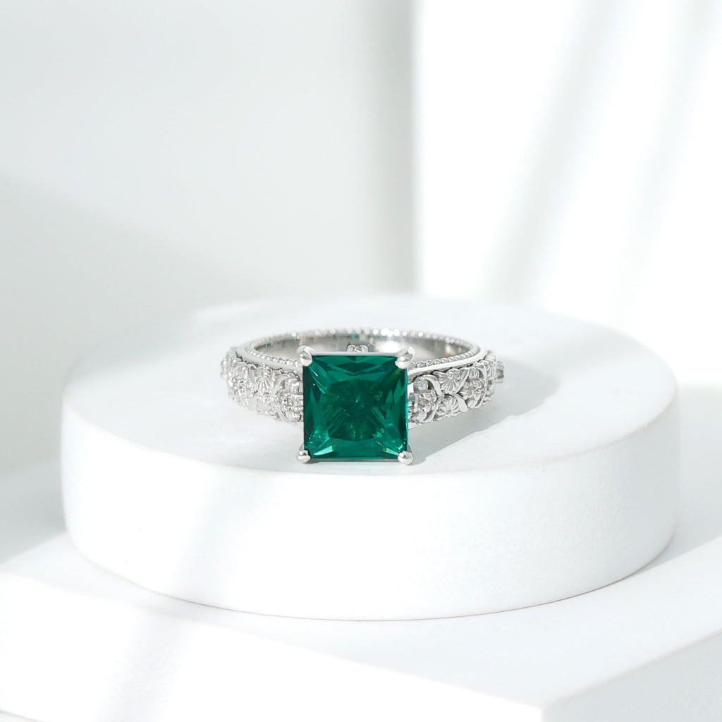 Emerald Engagement Ring - Princess Cut Solitaire with Diamond Floral Design